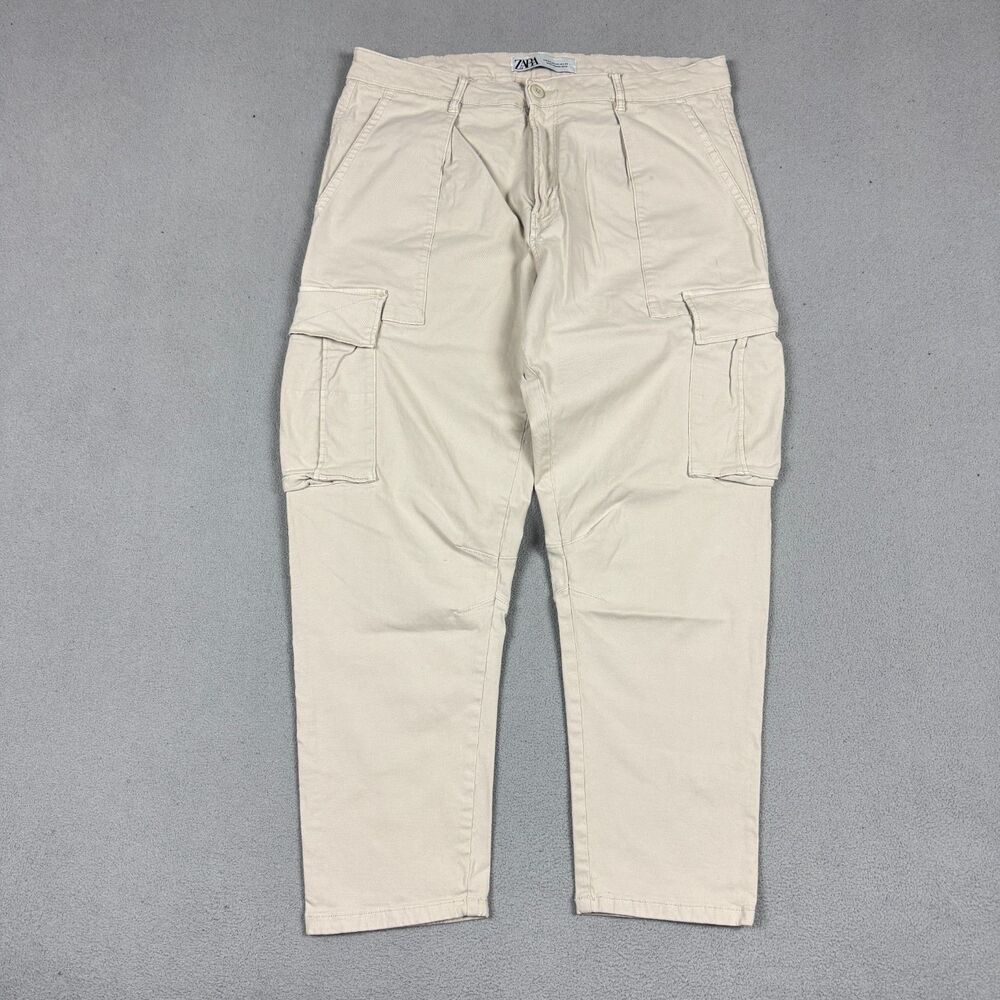 Zara Cargo Pants Size 34 Men's Beige Cotton Utility Straight Leg Trousers